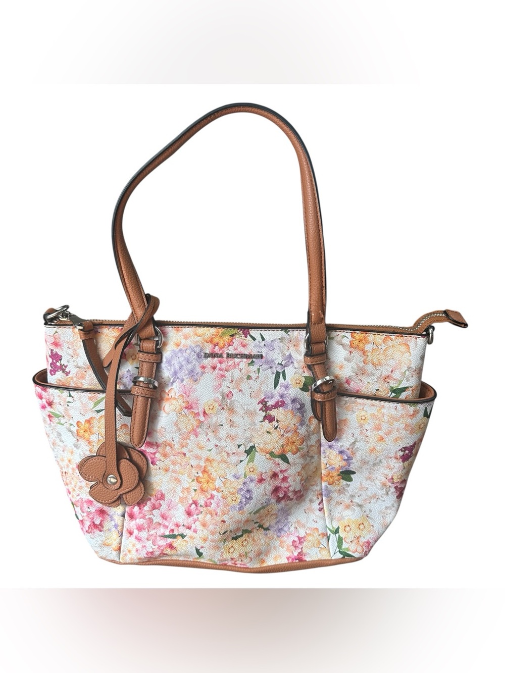Dana Buchman Floral Print Faux Leather Zip Top Tote Shoulder Bag Flower Charm